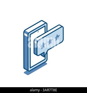 isometric vector smartphone with text bubble with stars linear icon, in color on white background, online rating Stock Vector