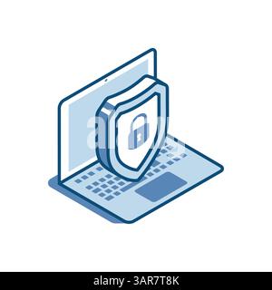 isometric shield with a padlock near a laptop linear icon, in color on a white background, data protection or secure account login Stock Vector