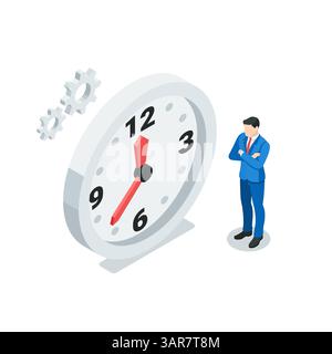 isometric vector business man standing near big clock, in color on white background, waiting time or deadline Stock Vector