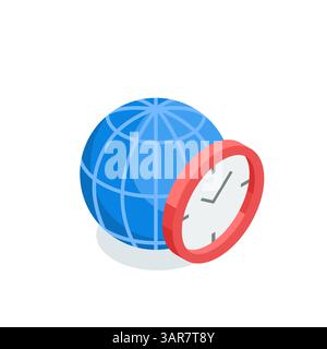 isometric vector clock and globe icon, in color on white background, world time Stock Vector