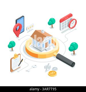 isometric vector concept with magnifying glass and house and icons of smartphone with location and calendar with clock and contract, in color on white Stock Vector
