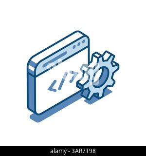 isometric vector window with program code and gear linear icon, in color color on a white background, seo or web development Stock Vector