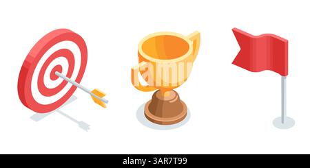 Isometric vector set of target and cup and flag icons, in color on white background, victory and achieving goal or winning in competition Stock Vector