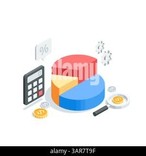 isometric vector pie chart with calculator and magnifying glass, in color on white background, statistical financial data analysis Stock Vector
