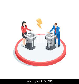 isometric vector business man and woman at the podium discussing among themselves, in color on a white background, political debate or election battle Stock Vector