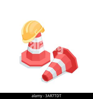 isometric vector traffic cones and  helmet, in color on white background, fenced area or road works Stock Vector