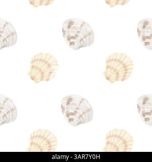 Scallop, beige shells from the ocean floor. Seamless pattern. Watercolor illustration. Fan-shaped shells of light brown shades, isolated on a white ba Stock Photo