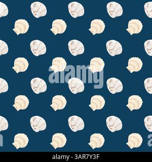 Scallop, beige shells from the ocean floor. Seamless pattern. Watercolor illustration. Fan-shaped shells of light brown shades, on a dark background. Stock Photo