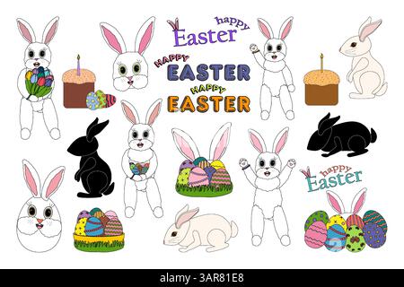 Collection of cute Easter bunnies, rabbit silhouettes, decorated eggs, national Easter cake with candle, festive text - Happy Easter, - and set elemen Stock Vector