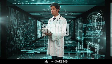 Image of biracial male doctor over data processing Stock Photo
