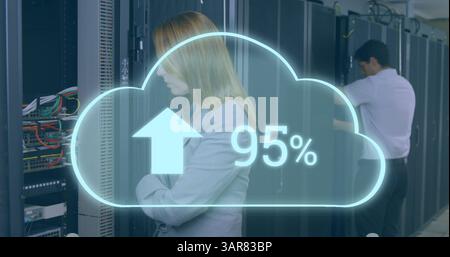 Image of cloud with increasing number over stressed caucasian woman standing at servers Stock Photo