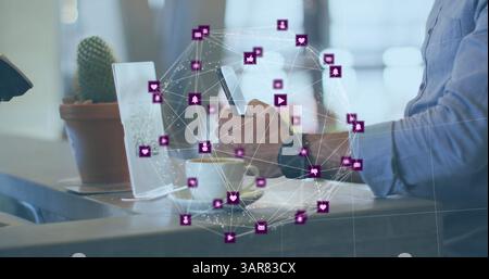 Image of network of connections with icons over caucasian man scanning qr code Stock Photo