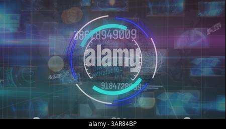 Image of processing circle and changing numbers over diverse data on screens Stock Photo