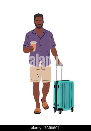 Man in casual summer clothes walking with suitcase Stock Vector
