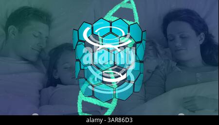 Image of circles and dna strand spinning over parents with children sleeping in bed Stock Photo