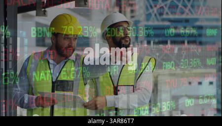 Image of statistics processing over male architects talking at construction site Stock Photo