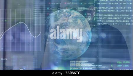 Image of financial statistics over globe with binary coding and businessman talking Stock Photo