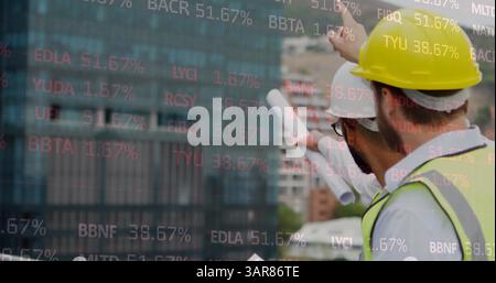 Image of statistics processing over male architects talking at construction site Stock Photo