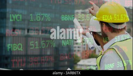 Image of statistics processing over male architects talking at construction site Stock Photo