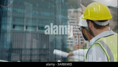 Image of statistics processing over male architects talking at construction site Stock Photo