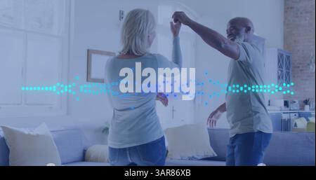 Image of happy diverse couple dancing over light spots moving Stock Photo