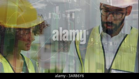 Image of statistics processing over female architect holding plans at construction site Stock Photo