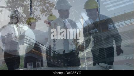 Image of statistics processing over male and female architects talking at construction site Stock Photo