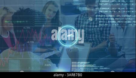 Image of data processing and clock over diverse business people Stock Photo