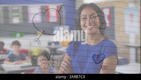 Multiple icons over white lined paper against portrait of african american female teacher at school Stock Photo