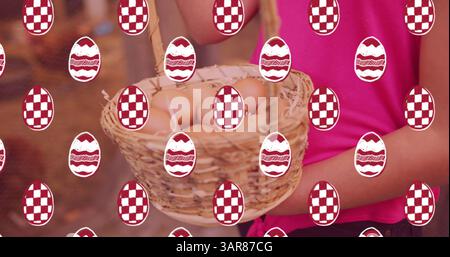 Decorative easter eggs in seamless pattern against woman holding basket full of easter eggs Stock Photo