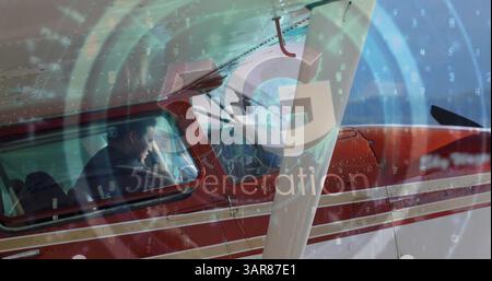 Image of digital interface and 5g text over plane Stock Photo