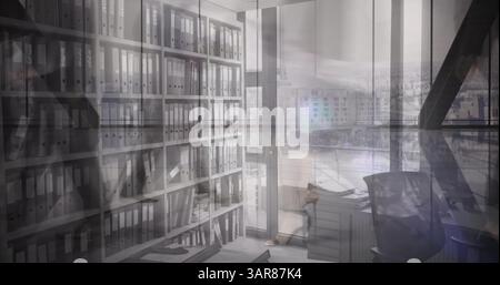 Image of people walking over empty office Stock Photo