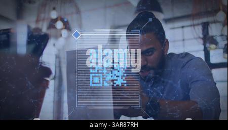 Image of qr code and digital interface over diverse couple using technology Stock Photo