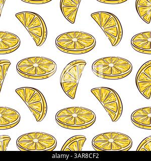 Hand drawn lemon slice seamless pattern in flat style on white background. Ideal for fun kitchen print, summer decor, packaging and citrus themed Stock Vector