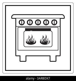 Simple black and white illustration of a cooking stove with flames, perfect for kitchen decor, culinary art, or educational material on cooking safety Stock Vector