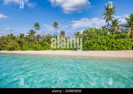 Stunning tropical beach paradise white sands, sunny sky turquoise sea, coco palm trees, breathtaking island beauty. Summer dream escape, vacation Stock Photo