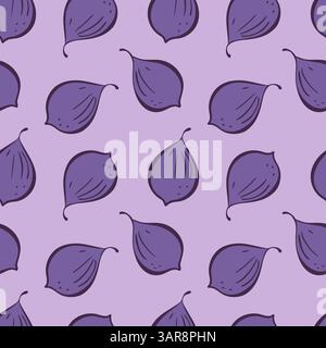 Purple pattern with figs, stylized figs on lilac background. Packaging, wallpaper, backdrop, label, fruity vibe. Vector illustration Stock Vector