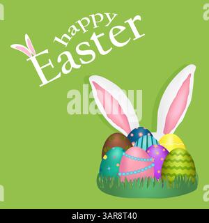 Greeting card with 3D element featuring adorable white Easter bunny ears sticking out from behind decorated Easter eggs placed on the grass, and - Hap Stock Vector