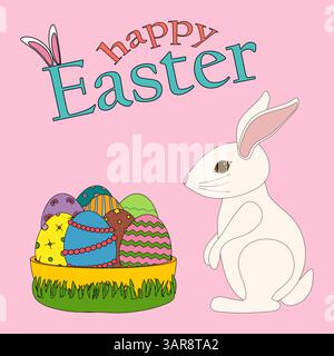 Colorful greeting card with cute white Easter bunny sitting beside a festive basket of colorful decorated Easter eggs, and - Happy Easter - text on a Stock Vector