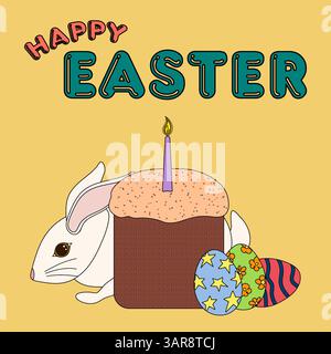 Festive Easter greeting card with national religious festive Easter cake - kulich - with candle, and white bunny, decorated Easter eggs on a warm yell Stock Vector