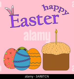 Colorful Easter greeting card with national religious festive Easter cake - kulich - with candle, and decorated Easter eggs, and - Happy Easter - text Stock Vector
