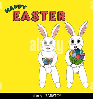 Greeting card with two anthropomorphic characters featuring adorable smiling white Easter bunnies holding decorated eggs and colorful spring tulips on Stock Vector