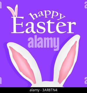 Greeting card with 3D element featuring adorable white Easter bunny ears, casting a shadow in the background, and - Happy Easter - text on a vibrant p Stock Vector