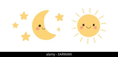 Cute sun and crescent moon with glowing stars on a bright sky, perfect for celestial themes, bedtime designs, astronomy icons, or cosmic illustrations Stock Vector