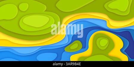 Topography papercut style background with multi colored layered waves. Bright vibrant blue, yellow and green flowing curved shapes, abstract paper cut art. Wavy lines texture, vector topographic map. Stock Vector