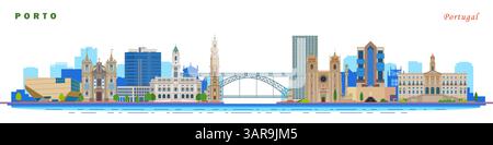 Porto city of Portugal architecture landmarks, travel and tourism themed vector illustration wall art. Stock Vector