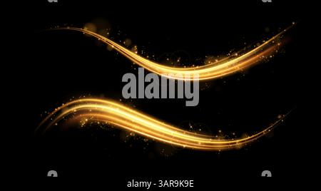Stunning Visual Effects Are Created by Beautiful Golden Light Waves Set Against a Deep Dark Background Stock Vector