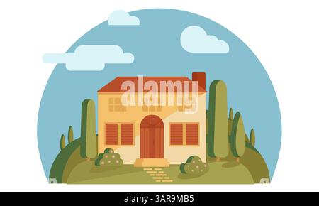 Tuskany farm sunny house on green hill with cypress trees and flowering bushes. Round simple composition for design in flat style. Toscana summer scen Stock Vector
