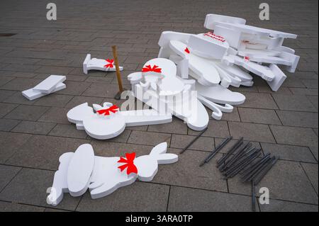 pile of polystyrene Easter decorations, bunny Easter eggs, ready-to-assemble subassemblies Stock Photo