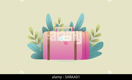 Pink travel suitcase with plants and paper stickers. Summer travel concept. Flat vector illustration isolated on light green background Stock Vector